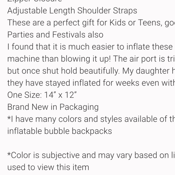 Colorful  Inflatable Backpack 🎒 choice of color blue green or pink - Picture 2 of 8